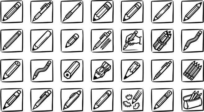 Black and White Line Art Icons of Pencils, Pens, and Sharpeners for Education and Art
