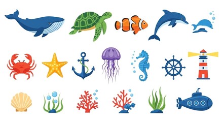 Obraz premium A colorful underwater scene with a variety of marine life, including a whale, turtle, fish, dolphin, starfish, jellyfish, seahorse, crab, anchor, lighthouse, and submarine.