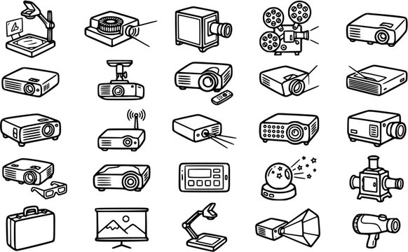 Technology Projectors  Audio Visual Equipment Vector Icons Set. Black and White Outline Line Art Collection of Projection Devices for Business, Education, Entertainment