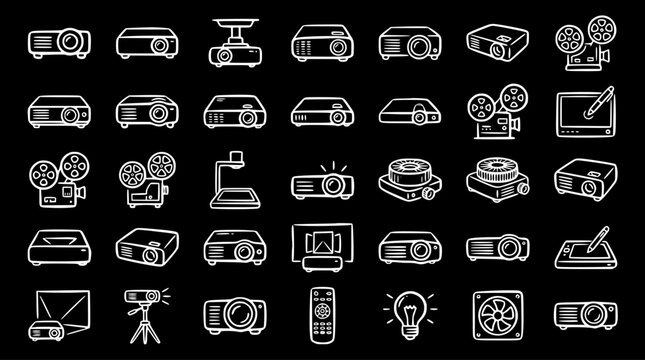 Technology Vector Icons: Projector and Related Equipment Icons in Black and White Line Art