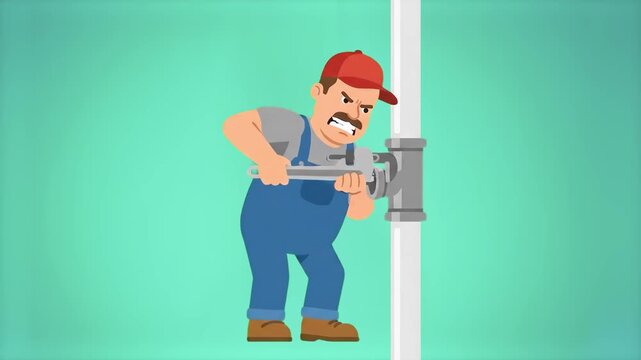 A 2D flat animation of an angry or focused male plumber character repairing a metallic water pipe with a large wrench. This vector clip is ideal for maintenance services, home repair ads, and instruct