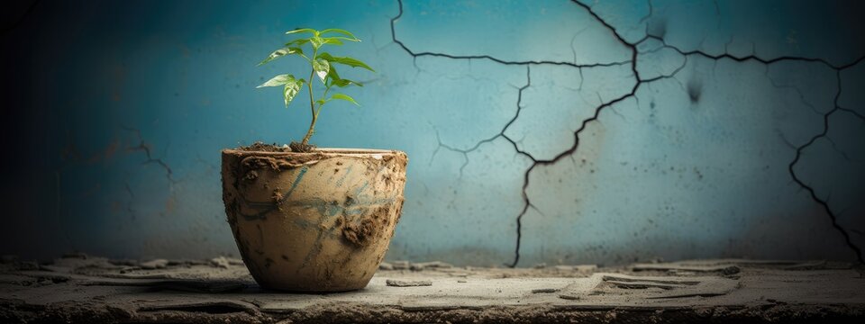 Green plant sprout growing in old ceramic pot on cracked surface. Concept of hope, resilience and new life arising from dry environment. Banner with copy space