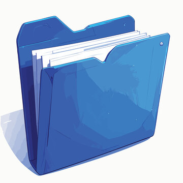 A blue plastic file folder containing white documents isolated on a white background.