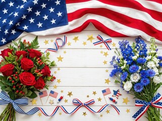 Obraz premium Patriotic july 4th background with floral bouquets and american flag independence patriotic american