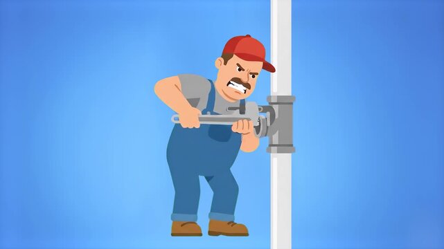 A 2D animated male plumber in denim overalls strains while fixing a vertical metallic water pipe with a pipe wrench. This flat vector motion graphic is ideal for commercial plumbing services.
