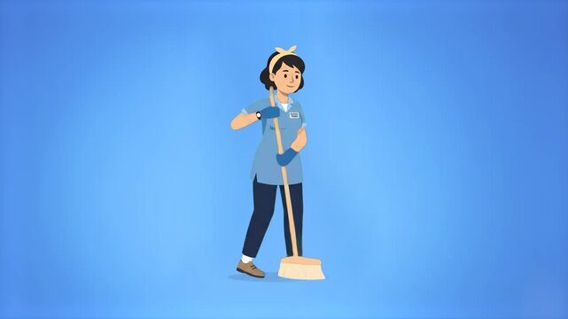 A 3D animated cleaning woman in a blue uniform and headband sweeps or mops the floor. This professional janitor or housekeeper character is isolated on a chroma key blue screen.