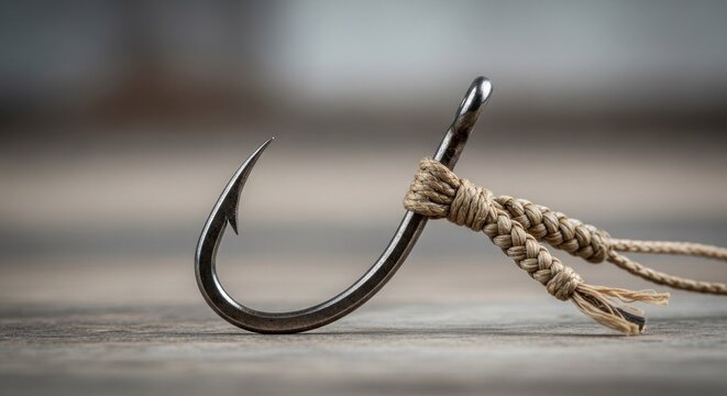 A fishing hook with a noose tied around it, placed on a wooden surface with a blurred background.