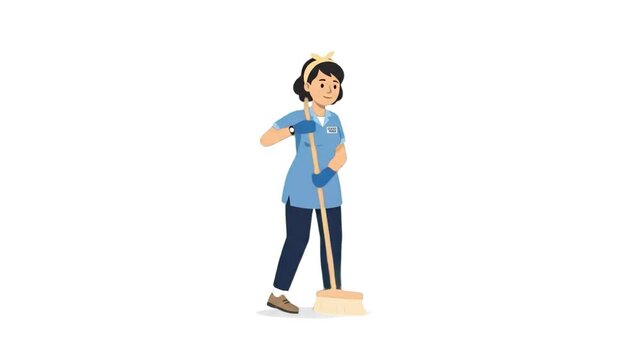 A 2D animated young woman in a professional blue uniform and protective gloves sweeps the floor with a broom. This flat vector motion graphic is perfect for commercial cleaning services promo content.