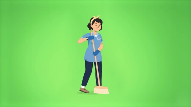 A smooth 2D vector animation featuring a female maid or janitorial worker sweeping with a broom, set against a soft light green backdrop. Excellent for eco-friendly cleaning service promos, hospital s