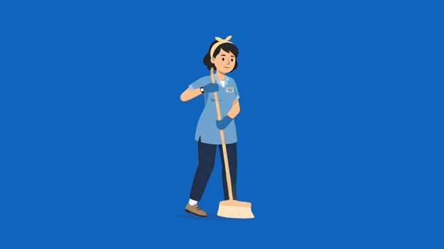 A 2D animated female cleaning service worker in a blue uniform sweeps the floor using a traditional broom. The deep blue background provides excellent contrast for service industry explainer videos an