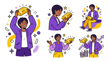 Fototapeta premium Woman Holding Gold Bars, Financial Success and Investment Concept, Vector Illustration