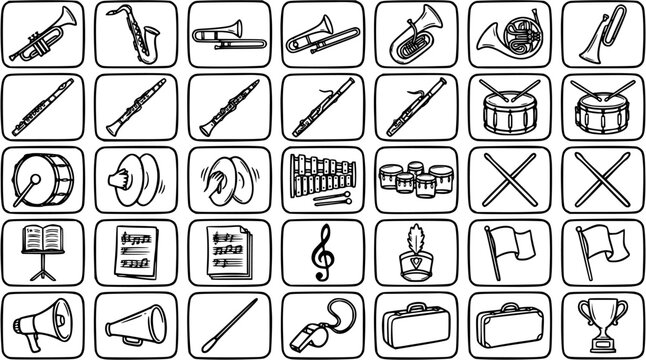 Music Instruments and Marching Band Line Art Doodle Icon Set - Black and White Outline Collection for Orchestra, Concerts, and Education