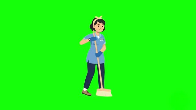 A 2D animated young woman in a professional blue cleaning uniform sweeps the floor with a broom while standing in place. This flat vector sequence is optimized for maintenance, housekeeping, or commer