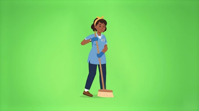 A friendly 2D animated Black woman janitor wearing a blue uniform and apron performing a fun dance routine while mopping the floor. Set against a solid chroma key green screen.