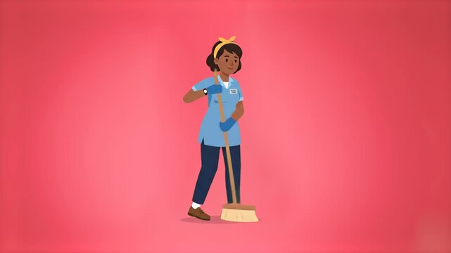 A clean 2D vector graphic animation of a female janitor or housekeeper wearing a blue uniform and headband, diligently sweeping the floor with a mop or broom. Set against a solid red backdrop, perfect