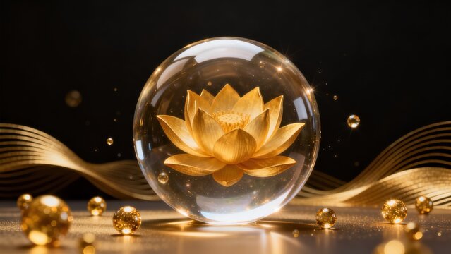 Golden lotus flower in glass sphere