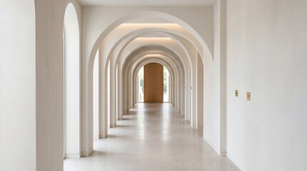 Fototapeta premium Symmetrical white arched hallway with soft natural lighting and minimalist architectural design
