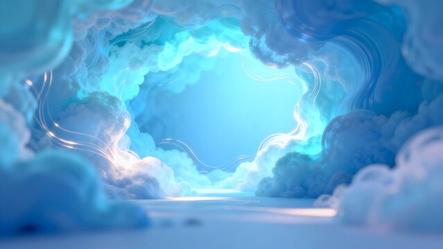 Blue cloud tunnel with light beams