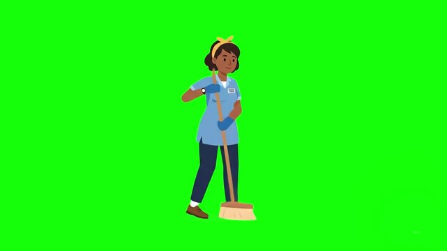 A 2D animated Black woman in a blue uniform and protective gloves stands in place sweeping the floor with a broom. The green screen backdrop provides easy isolation for cleaning service promo videos.