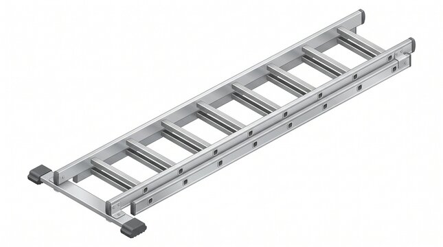 A silver aluminum extension ladder with two overlapping sections and locking mechanism. It has ribbed rungs for grip and black rubber feet for stability. Vector illustration on white background.