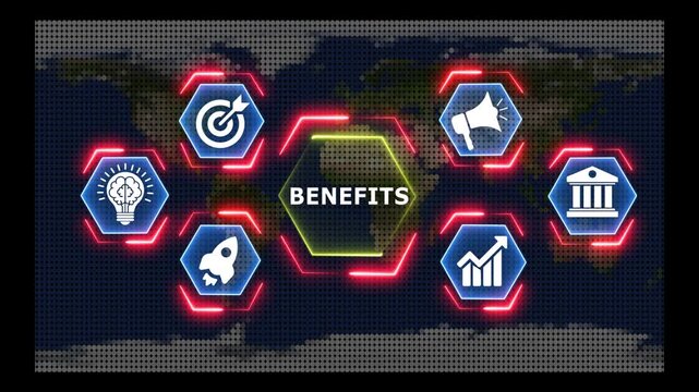 Digital technology motion graphic with benefit icons on global map background.