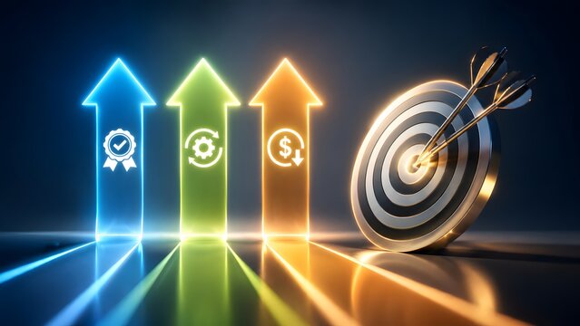 Glowing ascending arrows with business icons next to a target board representing strategic goals and performance optimization