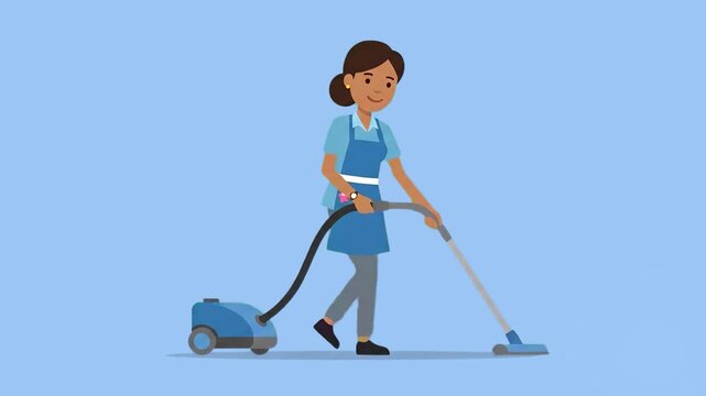 A 2D animated cleaner in a green apron walks forward while cleaning the floor with a canister vacuum cleaner. This flat vector motion graphic against a solid blue background is ideal for housekeeping 