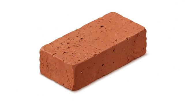 A single red clay brick with a rough, porous surface and slightly rounded edges. Solid rectangular block with natural texture variations from firing. Photorealistic render on white background.