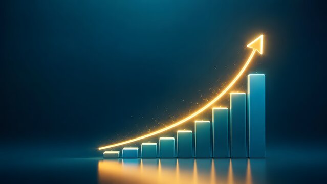 Ascending blue bar chart with glowing golden arrow representing financial success and business growth trajectory