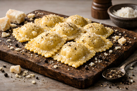 Wooden board cacio e pepe ravioli arrangement captures rustic handcrafted Italian comfort food atmosphere