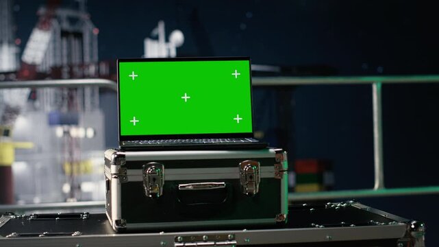 Isolated screen laptop software evaluates energy security risks on drilling rig during oil supply crisis while chroma key notebook monitors offshore platform analytics during blockade embargo.