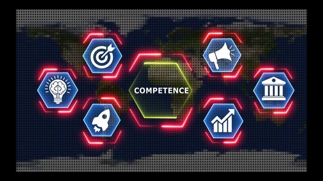 Digital competence display with global map and neon icons motion.