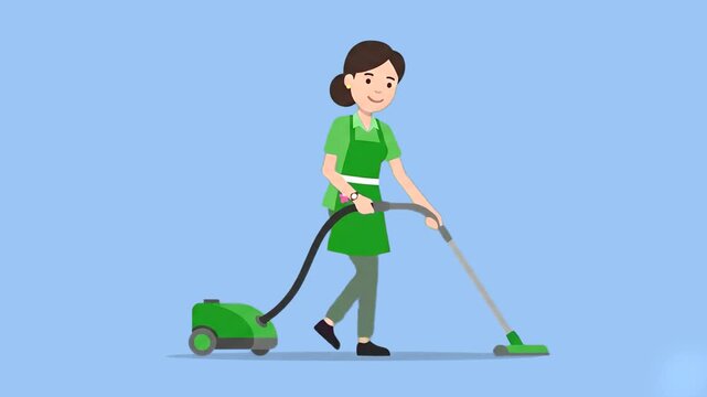 A 2D animated cleaner in a green apron walks forward while cleaning the floor with a canister vacuum cleaner. This flat vector motion graphic against a solid blue background is ideal for housekeeping 