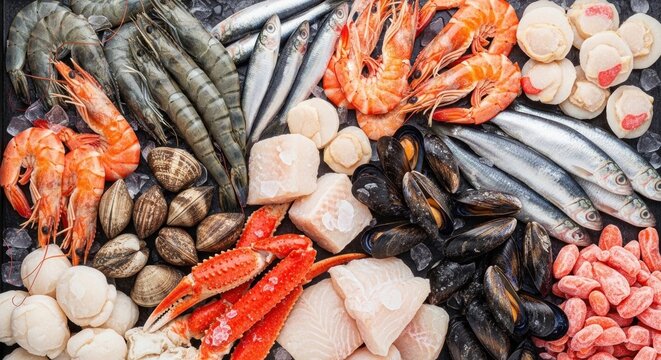 A variety of seafood displayed on a black surface, including shrimp, clams, mussels, and other seafood items.