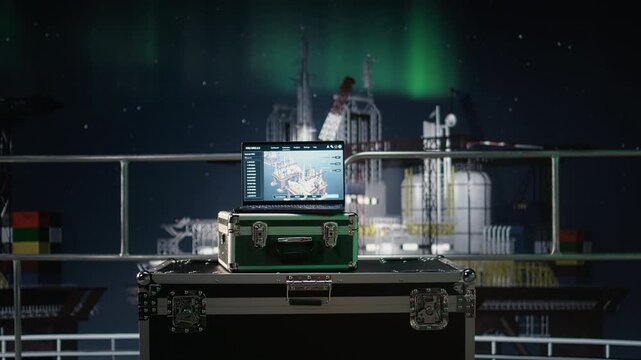 Laptop on offshore platform monitors petrol logistics during supply bottleneck with offshore platform context during oil crisis.