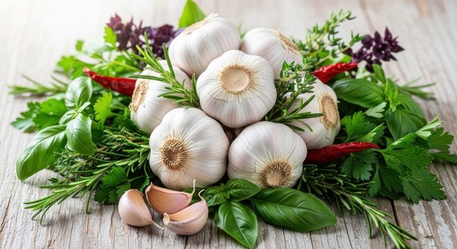 A pile of fresh garlic and herbs on a rustic wooden table with a rustic wooden background.