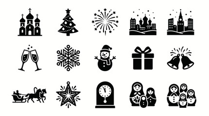 Obraz premium Collection of black and white Christmas and New Year holiday icons.