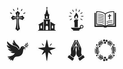 Fototapeta premium Collection of Christian religious symbols including cross, church, candle, bible, dove, star, praying hands, and wreath.