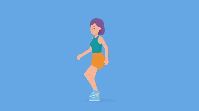 A lively 2D vector animation of a stylized young woman with purple hair dancing energetically on a solid blue backdrop. This cheerful character loop is perfect for fitness, party, celebration, or yout