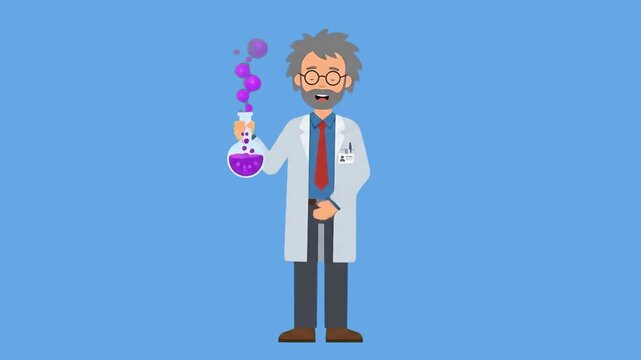 A flat design animation featuring a male laboratory scientist holding a smoking chemical flask with purple solution against a clean blue studio backdrop. Perfect for scientific promotional videos, e-l