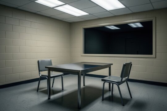 Empty interrogation room with table and two chairs in front of a dark one-way observation mirror, interrogatio