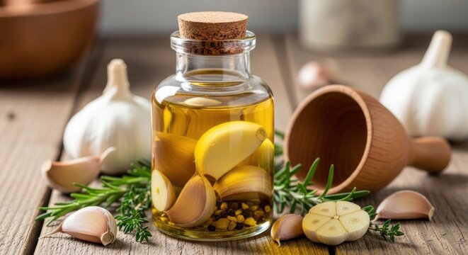 A glass jar filled with olive oil and garlic cloves, placed on a wooden table with garlic bulbs and rosemary sprigs around it.