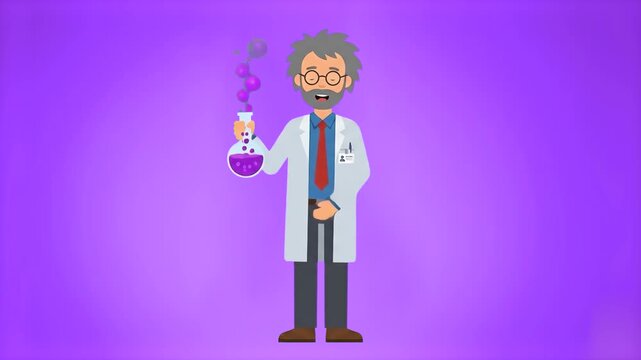 An eccentric 2D animated professor in a lab coat smiles while holding a glass beaker filled with boiling purple chemical fluid and rising smoke. Perfect for educational, scientific, or Halloween-theme