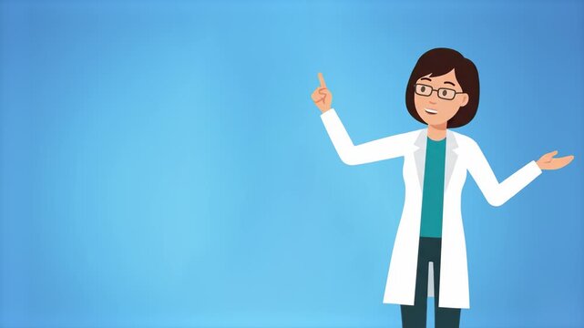 Vector illustration of a female scientist or doctor wearing glasses and a white lab coat, pointing finger up towards empty copy space on a light blue background. Perfect for educational videos, medica