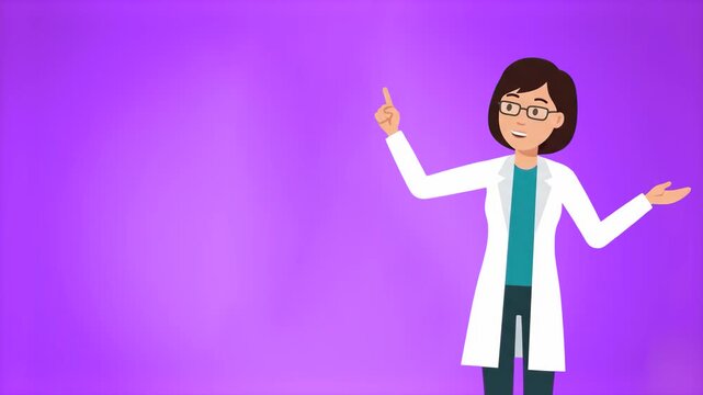 A 2D flat animated female doctor or researcher in a white lab coat points up to emphasize an idea or present information. This isolated vector graphic asset is ideal for healthcare tutorials and acade