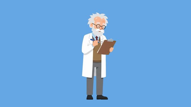 A 2D flat animation of an elderly male scientist with gray hair and glasses taking notes on a clipboard while wearing a white lab coat. Ideal for healthcare research presentations, educational clips, 