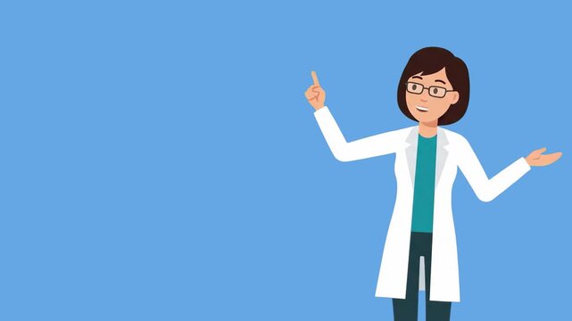 A 3D animated female scientist or doctor with glasses and a white lab coat stands on the side and points her finger up. This professional character is isolated on a chroma key blue screen.