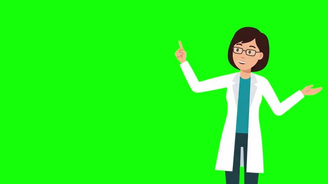A 2D flat animated female doctor or researcher in a white lab coat points up to present information or an idea. The chroma key green background allows for custom background replacements in educational