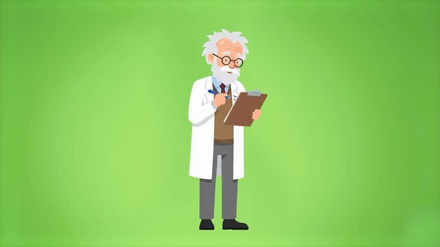 A 2D vector animation of an old male professor or medical expert checking details on a clipboard. Set against a solid green background, this character asset is perfect for science, pharmacology, or he