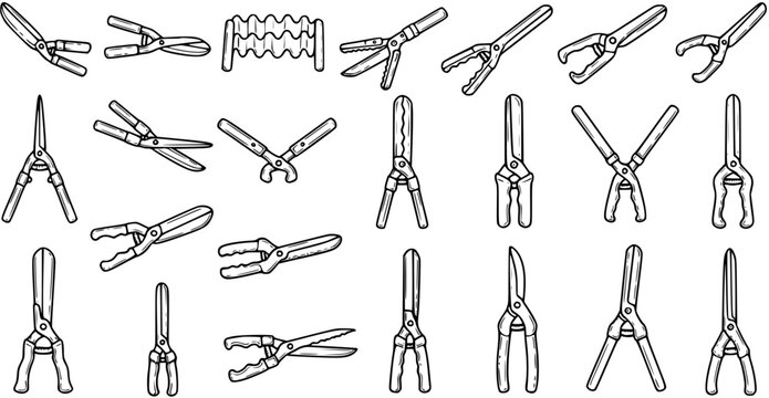Gardening Tools Line Art Icon Set. Black and White Hand-Drawn Pruning Shears, Secateurs  Hedge Clippers for Horticulture  Landscaping Design
